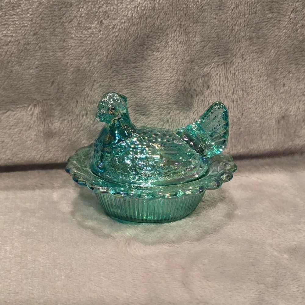 Mosser Glass Teal Carnival Mini Hen on Nest Salt Cellar Trinket Dish M Logo
